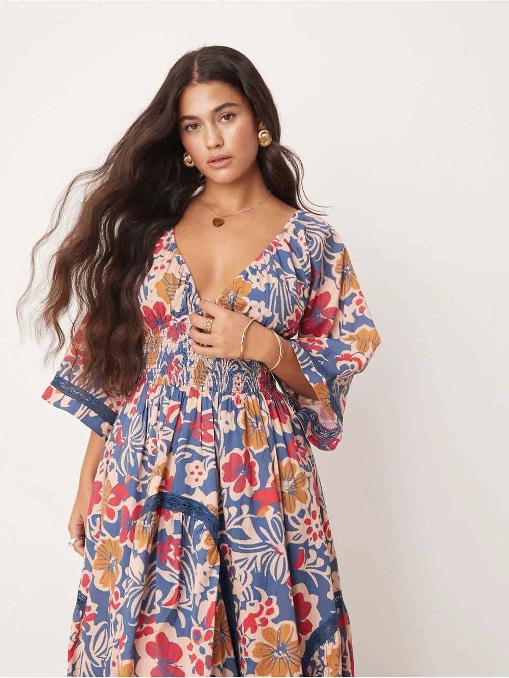 Free People Bohemian Floral Maxi Dress in Blue & Pink